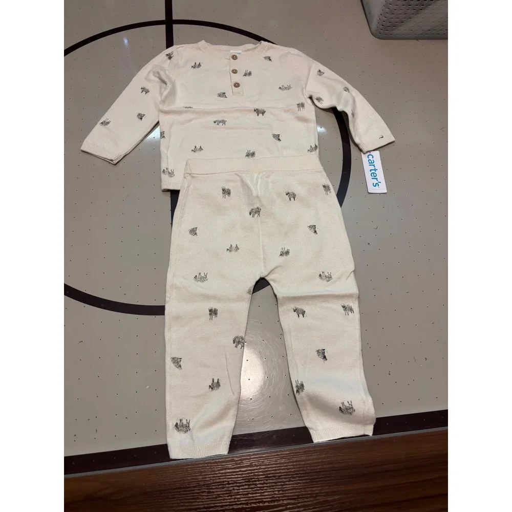 126 Carters Baby 18M Ivory Sheep Print Knit Sweater and Pants 2pc Set  NEW